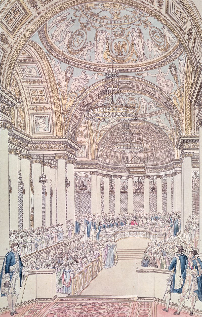 Kaiserliches Bankett im Großen Salon des Tuilerienpalastes anlässlich der Hochzeit von Napoleon I. (1769-1821) und Marie-Louise (1791-1847) von Österreich, 2. April 1810, graviert von Charles Norma von Pierre Francois Leonard Fontaine