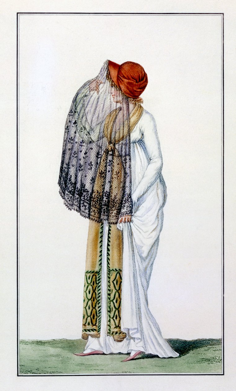 Damen-Tageskleid mit Schleier aus dem Journal des Dames, 1799 von Pierre de La Mesangere