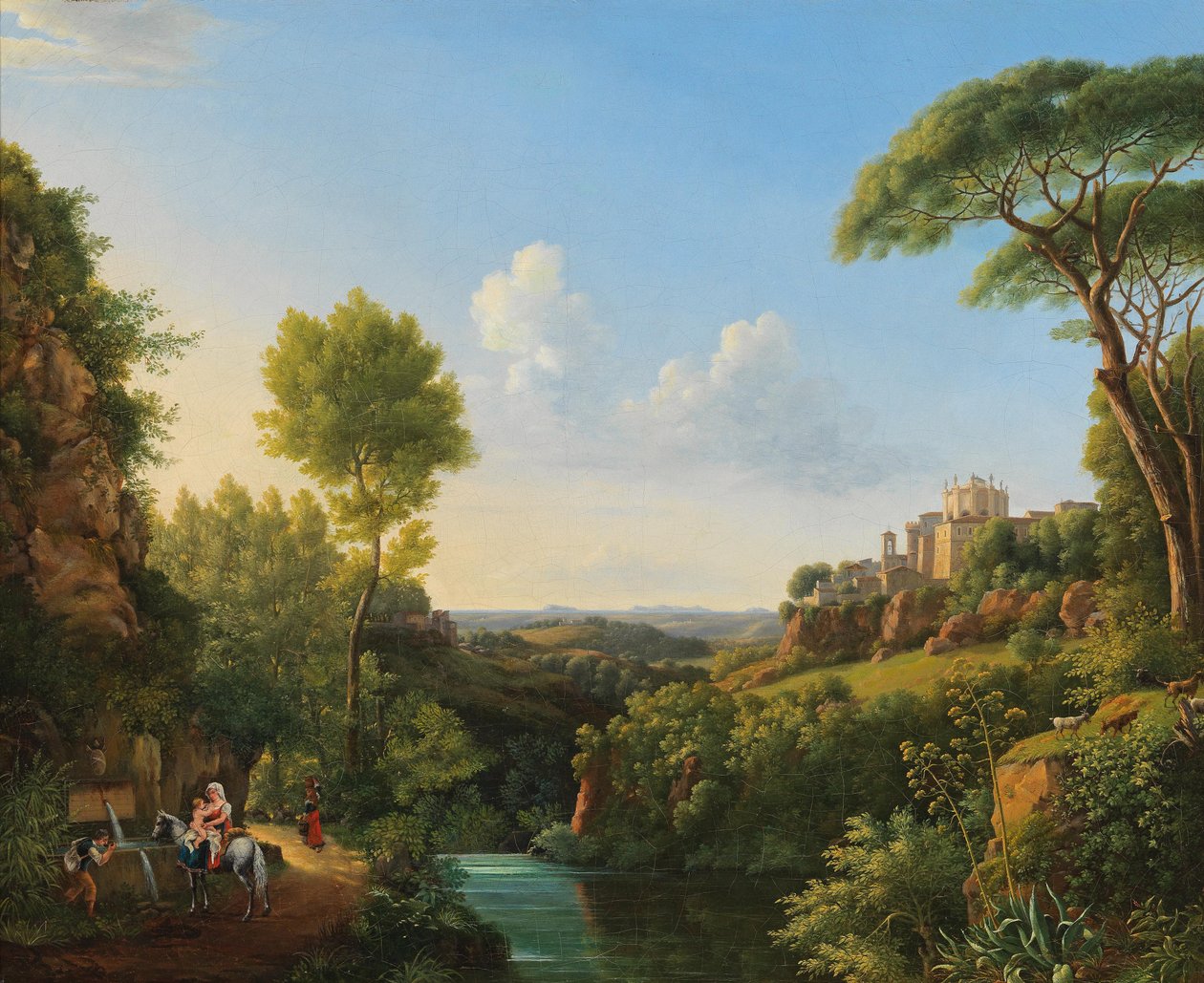 Italienische Landschaft mit Reisenden an einem Brunnen von Pierre Athanase Chauvin