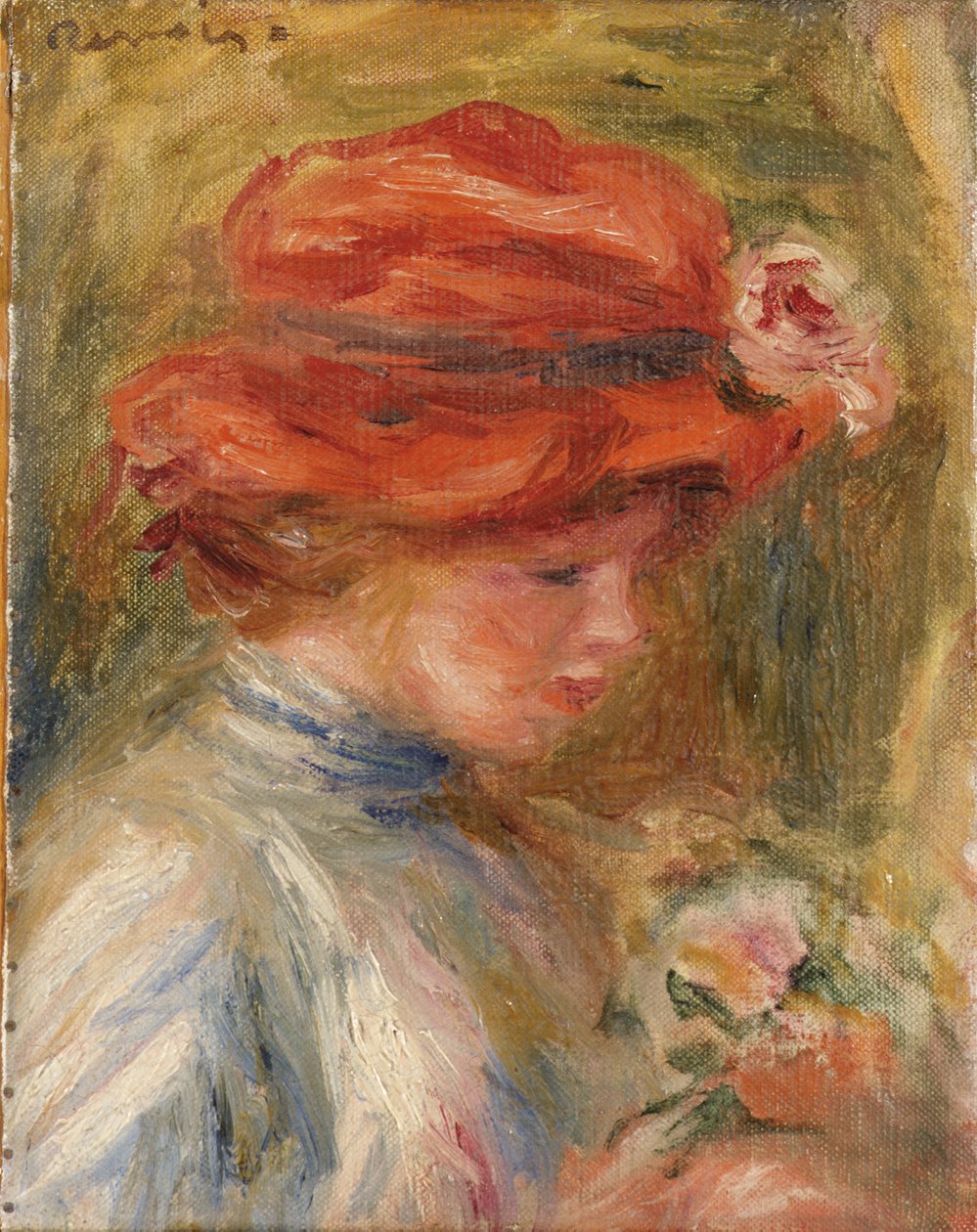 Junge Frau mit rotem Hut von Pierre Auguste Renoir