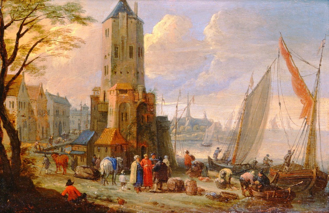 Figuren und Boote in einem niederländischen Hafen von Pieter Bouts