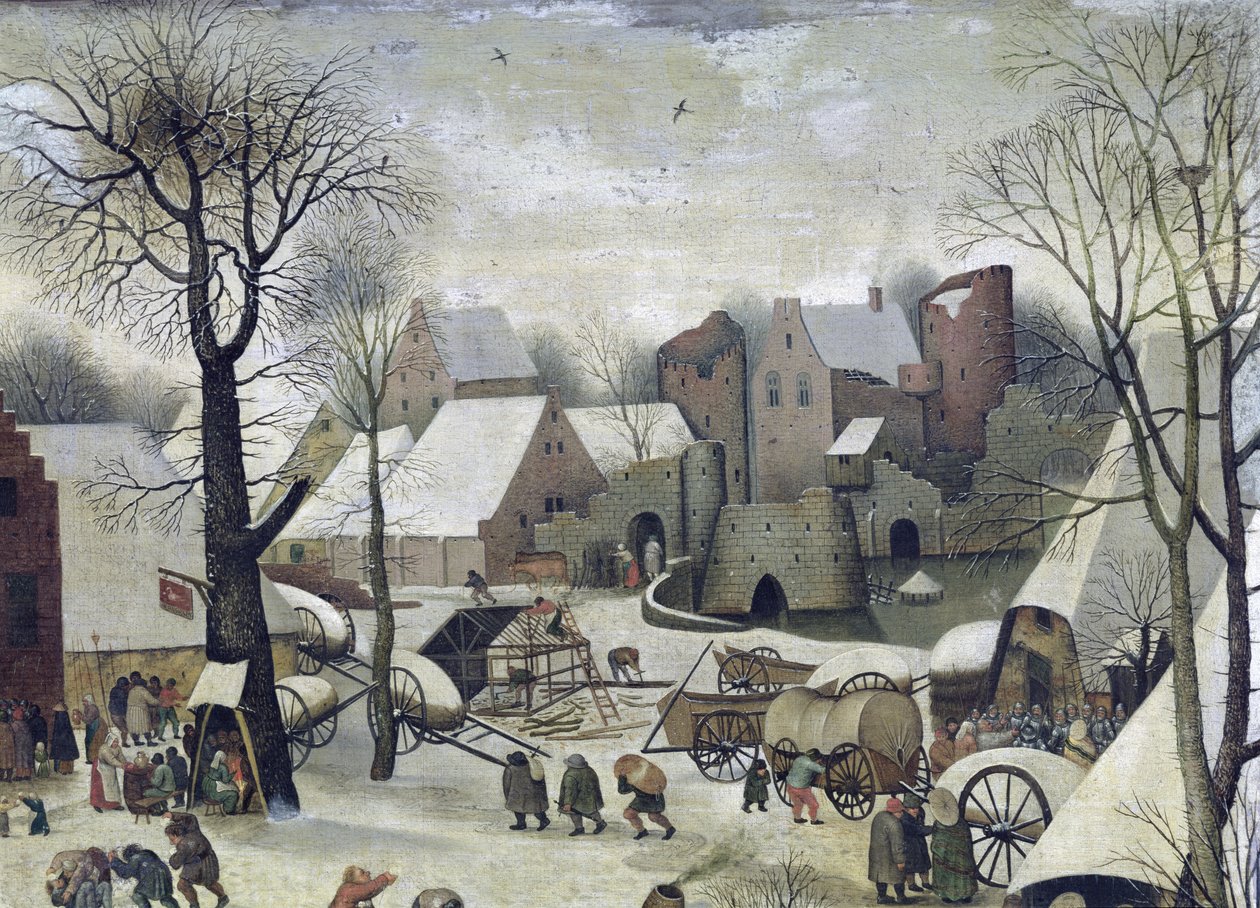 Die Volkszählung in Bethlehem, Detail der Häuser und Befestigungen von Pieter Bruegel the Elder