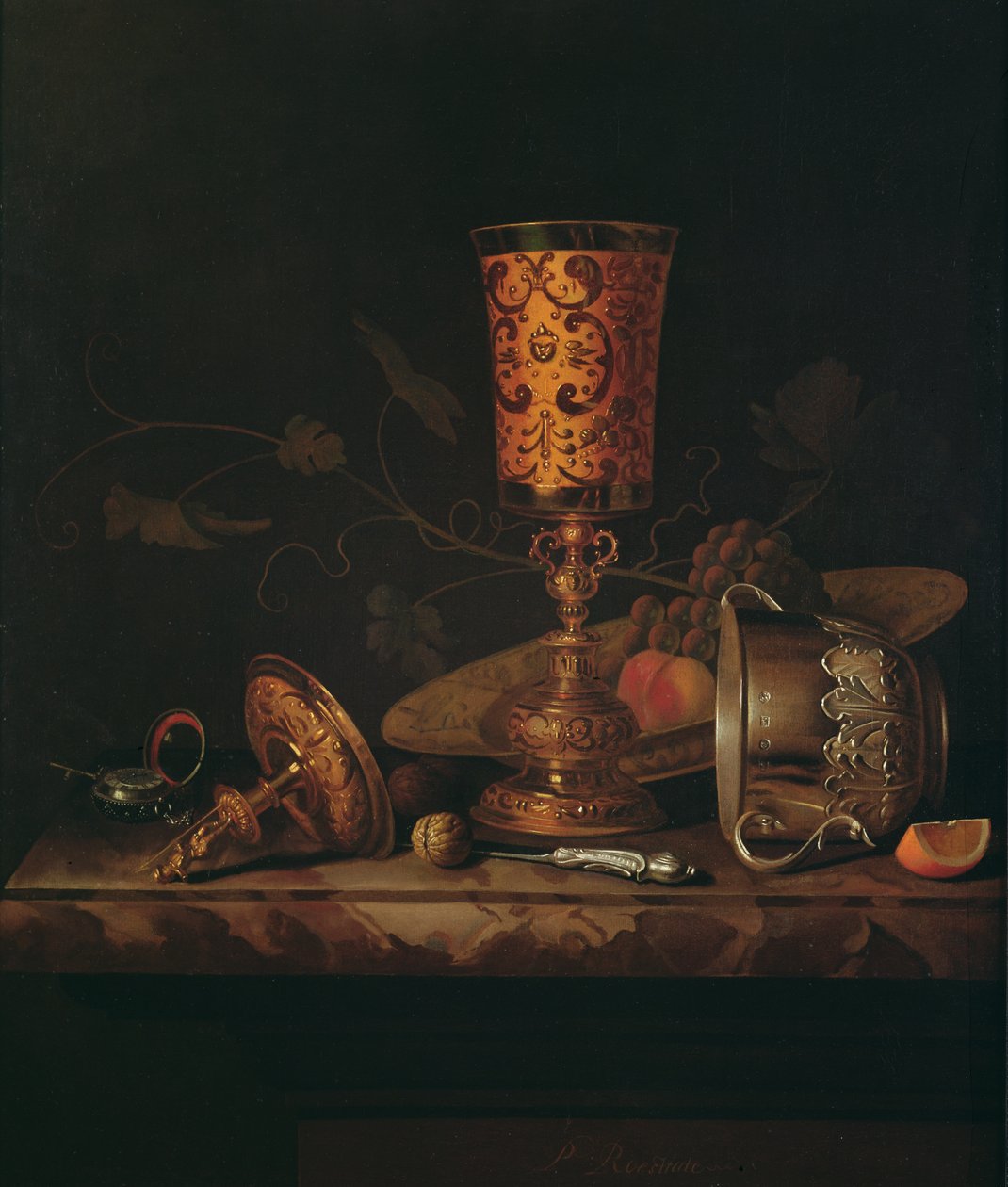 Stillleben mit Silberkelchen und Uhr von Pieter Gerritsz. van Roestraten