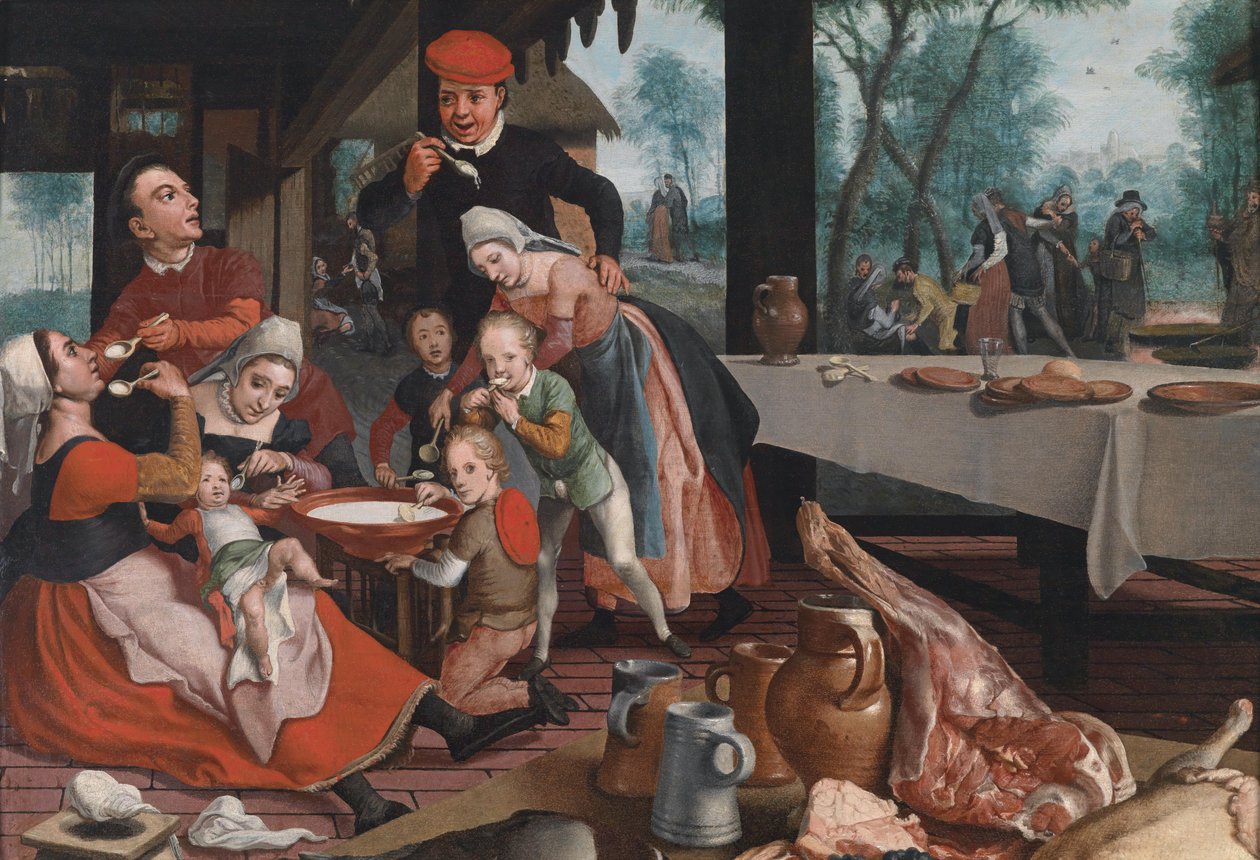 Eine Familie beim Essen von Milchreis von Pieter Pietersz the Elder