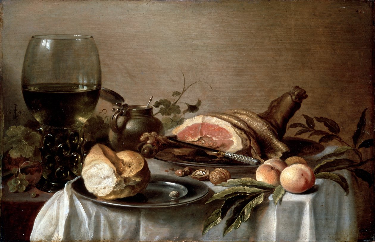 Frühstück mit Schinken, 1647 von Pieter Claesz