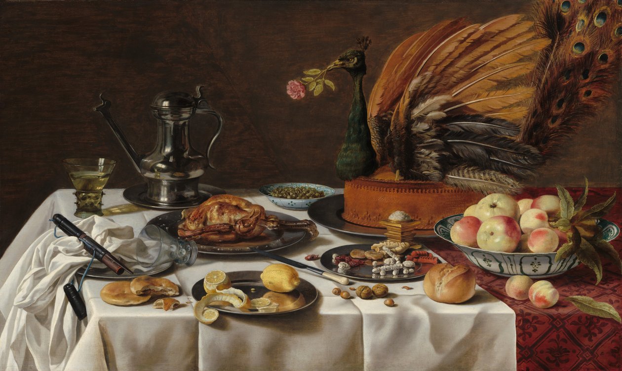 Stillleben mit Pfauenpastete, 1627 von Pieter Claesz