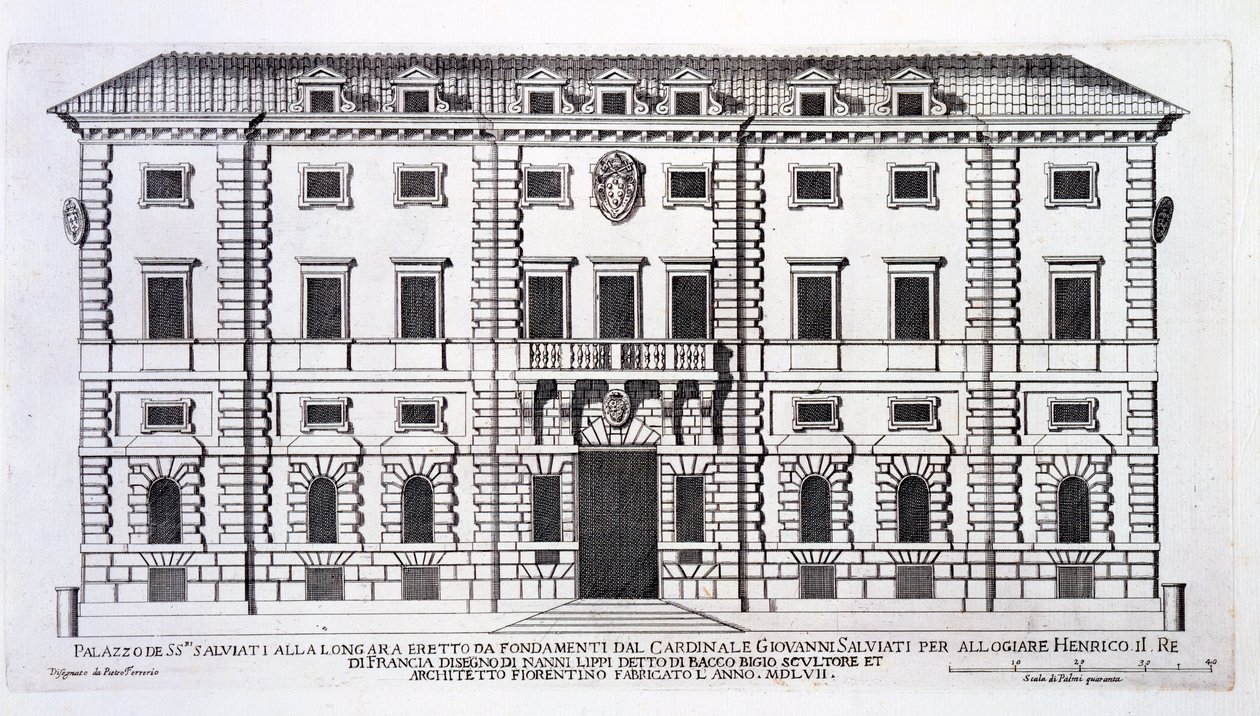 Ansicht der Fassade des Palazzo Salviati in Rom, in Auftrag gegeben von Kardinal Giovanni Salviati zur Unterbringung von Heinrich, König von Frankreich, und entworfen von Nanni di Baccio Bigio (gest. ca. 1568) im Jahr 1557 von Pietro Ferrerio