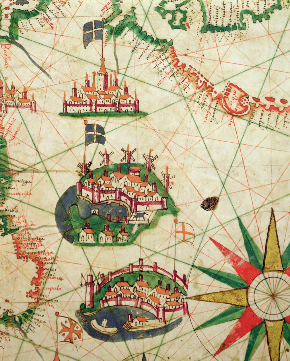 Die Städte Marseille und Genua mit ihren Häfen, aus einem nautischen Atlas, 1651 (Detail) von Pietro Giovanni Prunes
