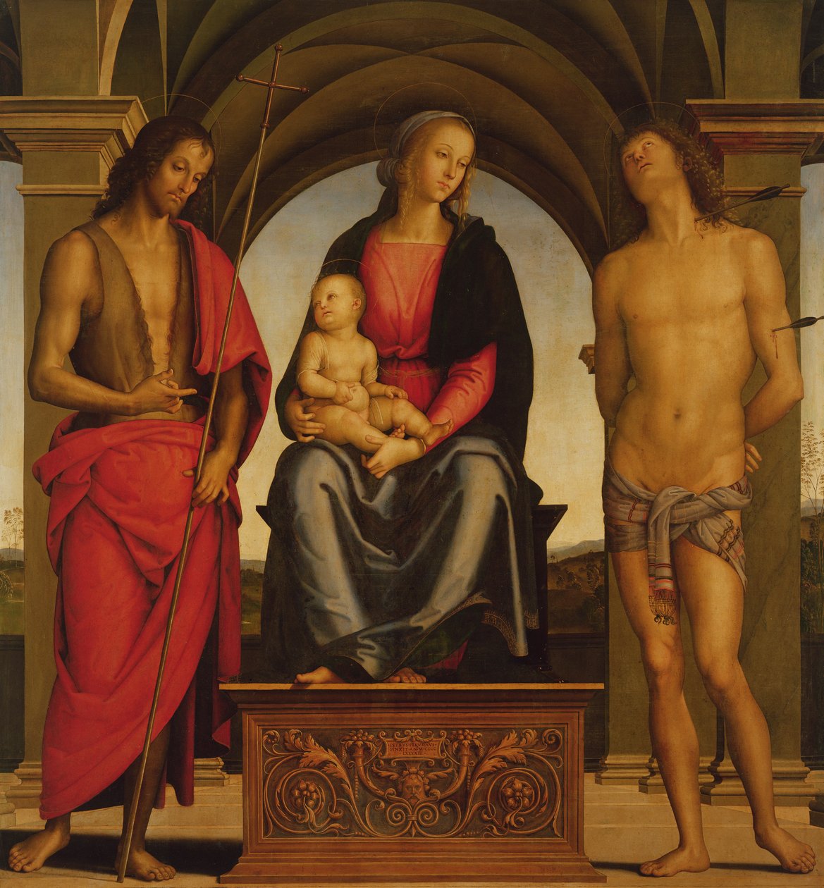 Madonna und Kind auf dem Thron zwischen St. Johannes der Täufer und St. Sebastian, 1493 von Pietro Perugino