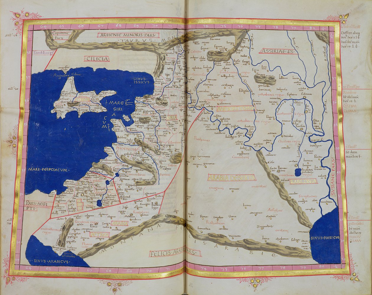 Ms Lat 463 f.111v-112r Karte von Phönizien, Mesopotamien und Babylon von Ptolemy