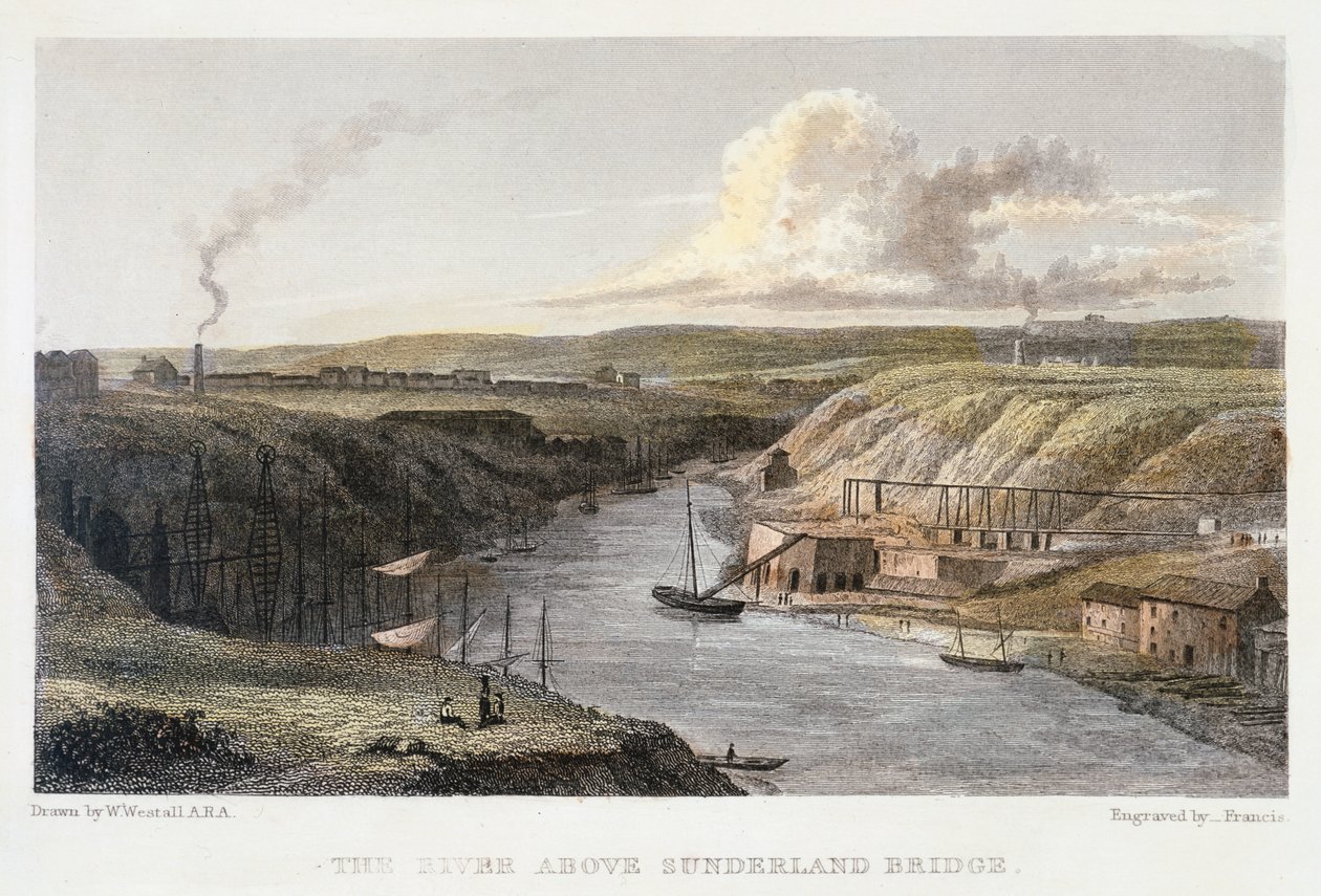 Der Wear oberhalb der Sunderland-Eisenbrücke, ca. 1829 von R Francis