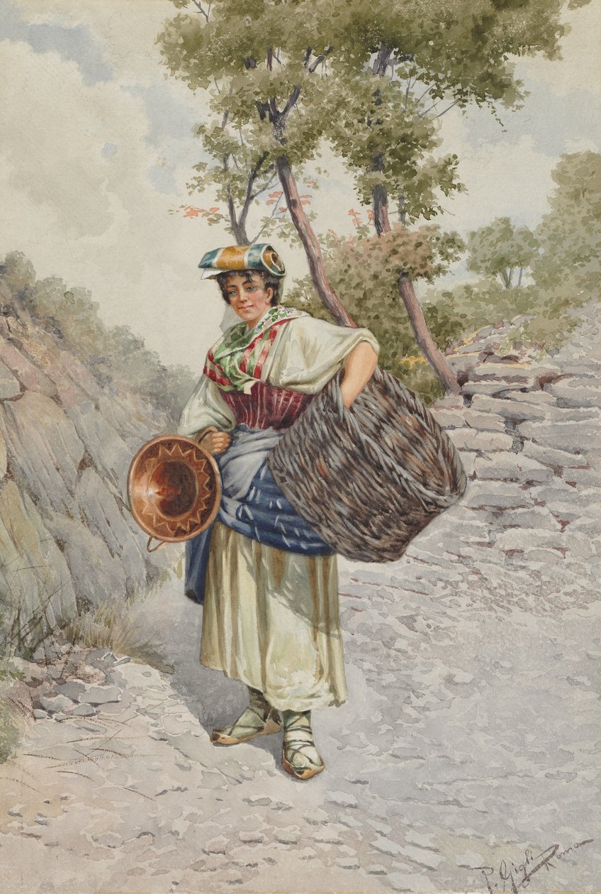 Bauernmädchen auf einem steinigen Weg, 1800er von R. Gigli