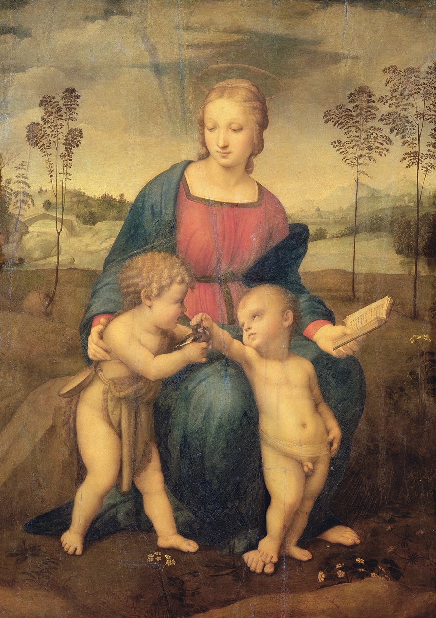 Madonna des Stieglitzes, ca. 1506 (vor der Restaurierung) von Raffaello Sanzio Raphael