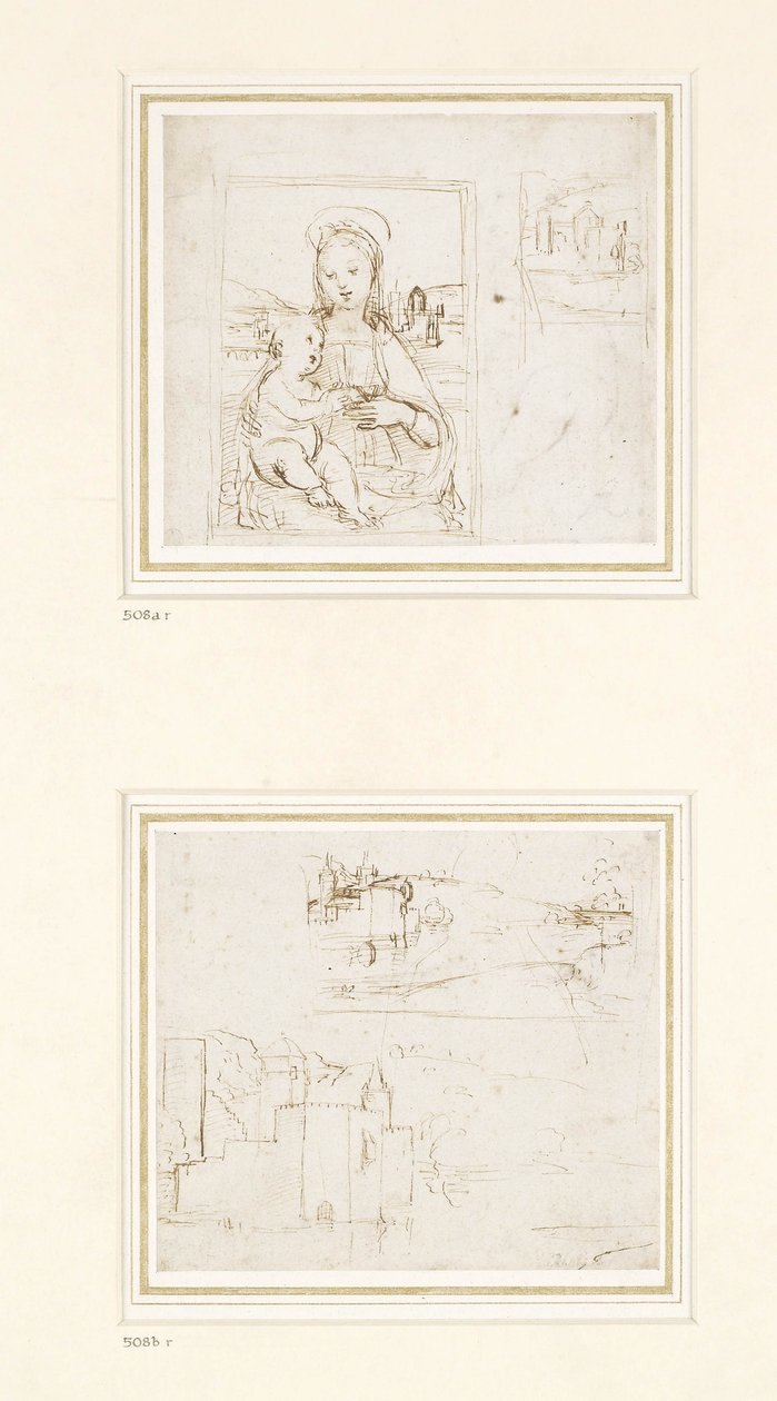 Landschaftsskizze mit einer kurzen Studie des Kopfes der Jungfrau Maria nach links gedreht, 1500-1504 (Feder und braune Tinte über Metallstift auf weißem Papier) von Raffaello Sanzio Raphael