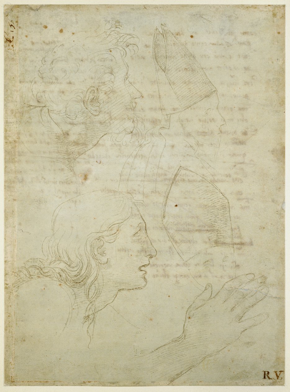 Recto: Studien eines Kopfes und einer Hand. Verso: Grober Entwurf der Sonette "Come non podde dir" und "Amor tu m"envesscati", WA1846.187 von Raffaello Sanzio Raphael