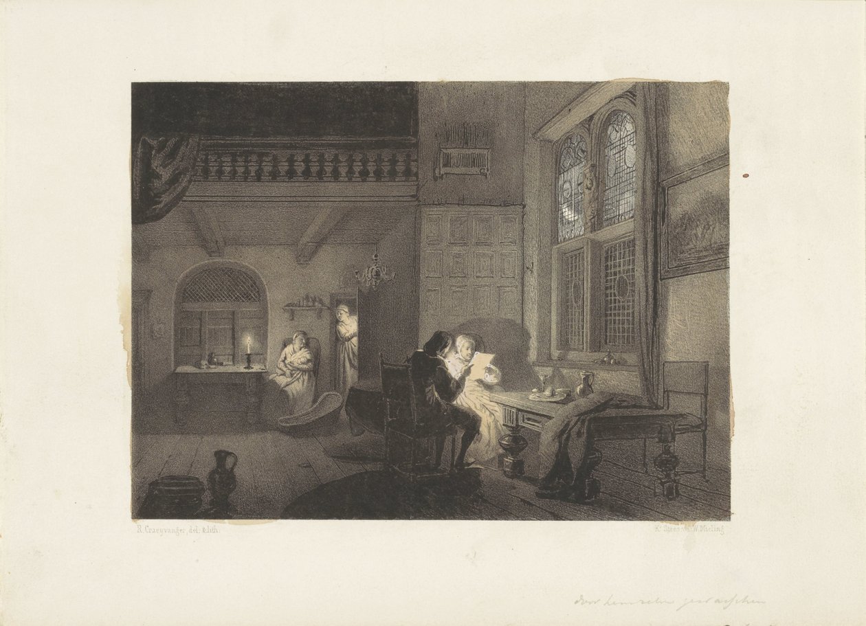 Innenraum mit Figuren bei Kerzenlicht von Reinier Craeyvanger