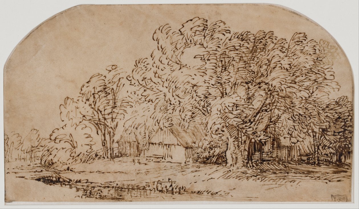Landschaft mit Hütten unter hohen Bäumen von Rembrandt van Rijn