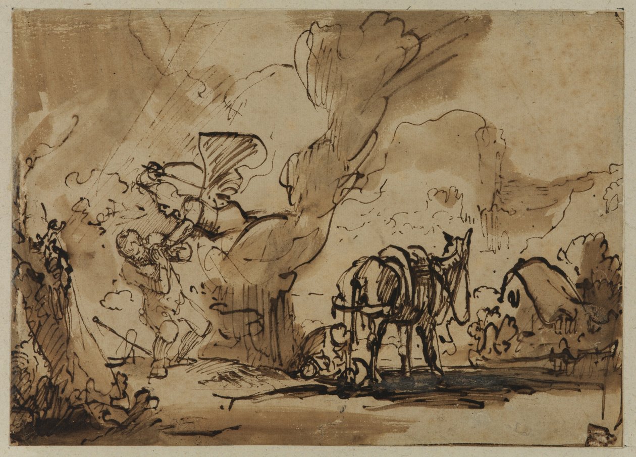 Der Engel des Herrn greift Mose an und Zippora beschneidet ihren Sohn, um Gottes Zorn zu besänftigen von Rembrandt van Rijn