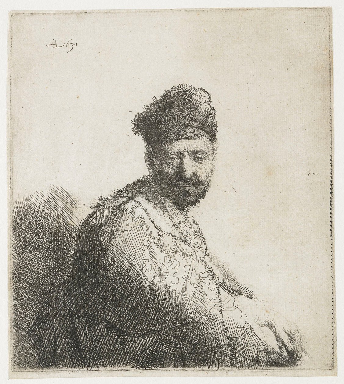 Bärtiger Mann in einer pelzbesetzten orientalischen Kappe und Robe: Der Vater des Künstlers von Rembrandt van Rijn