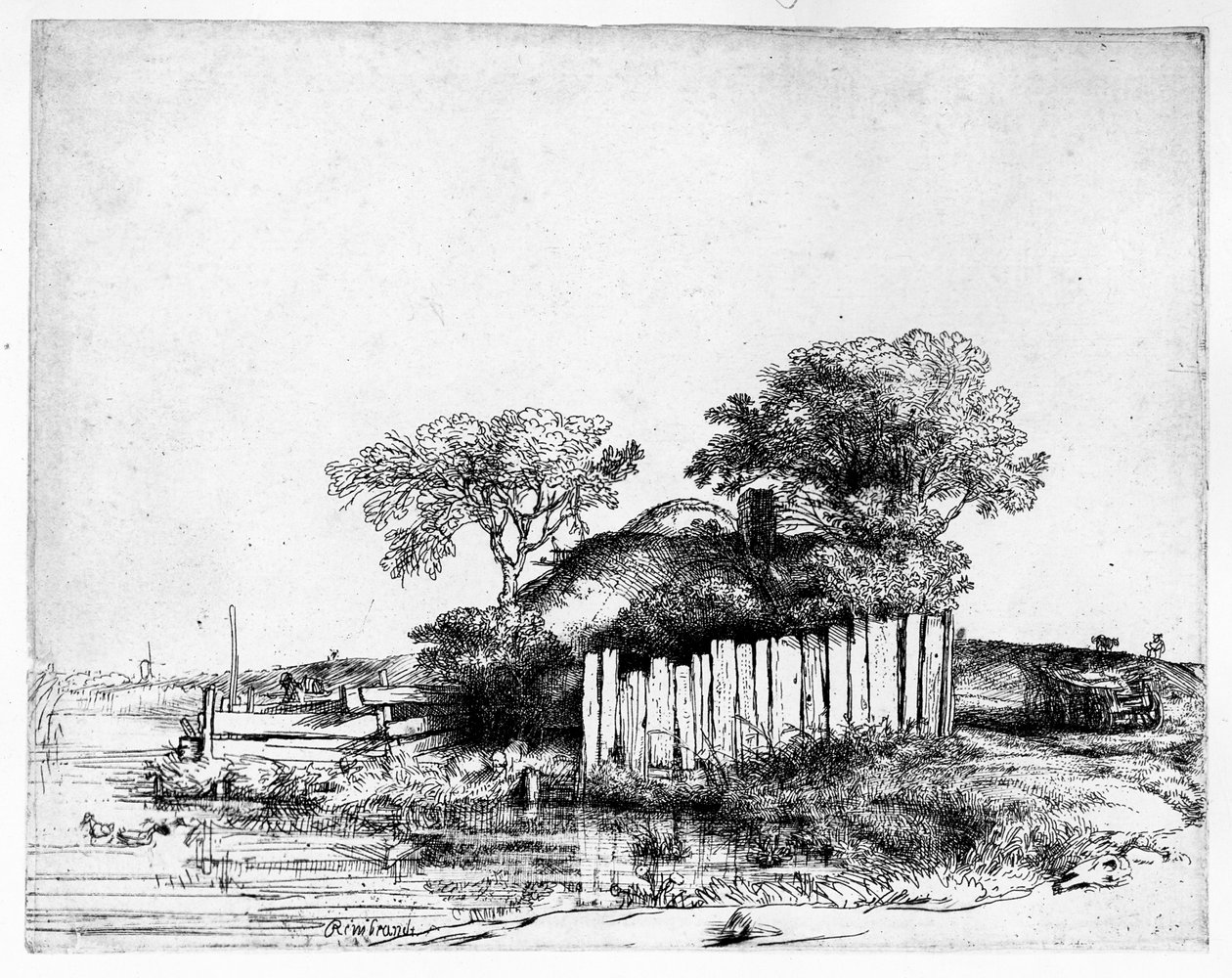 Hütte mit weißem Zaun, 1648 von Rembrandt van Rijn