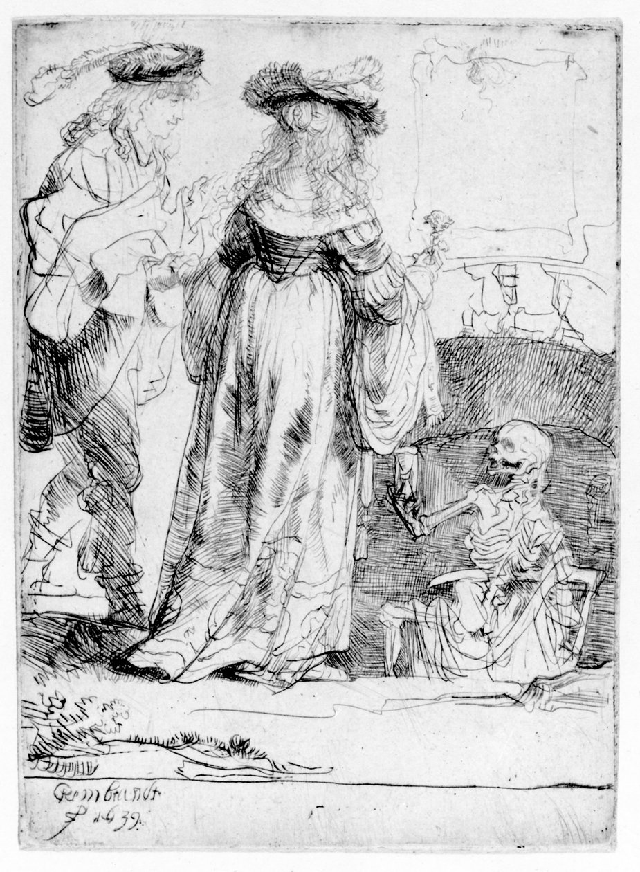 Der Tod erscheint einem verheirateten Paar aus einem offenen Grab, 1639 von Rembrandt van Rijn
