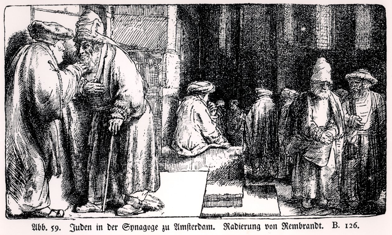 Juden in der Synagoge in Amsterdam, vom Künstler graviert von Rembrandt van Rijn