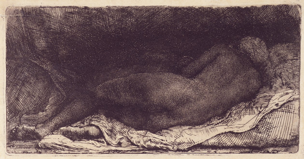 Frau, die auf einem Bett liegt, 1658 von Rembrandt van Rijn