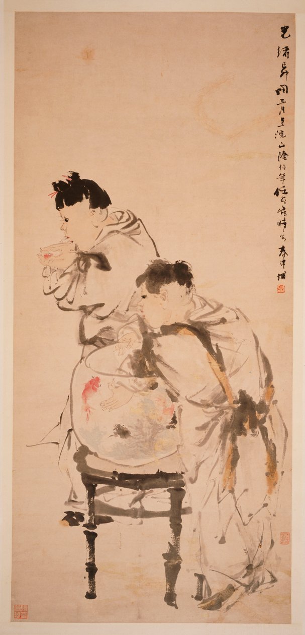 Zwei Jungen spielen mit Goldfischen, 1879 von Ren Yi