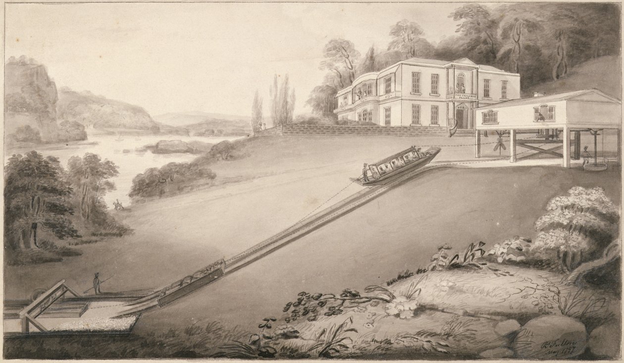 Schrägboot, das zu einem oberen Kanalevel getragen wird, 1797 von Robert Fulton