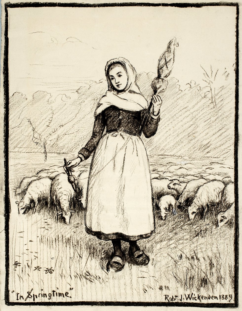 Im Frühling, 1889 (Kohle & Feder und Tinte mit weißen Korrekturen auf cremefarbenem Papier) von Robert J. Wickenden