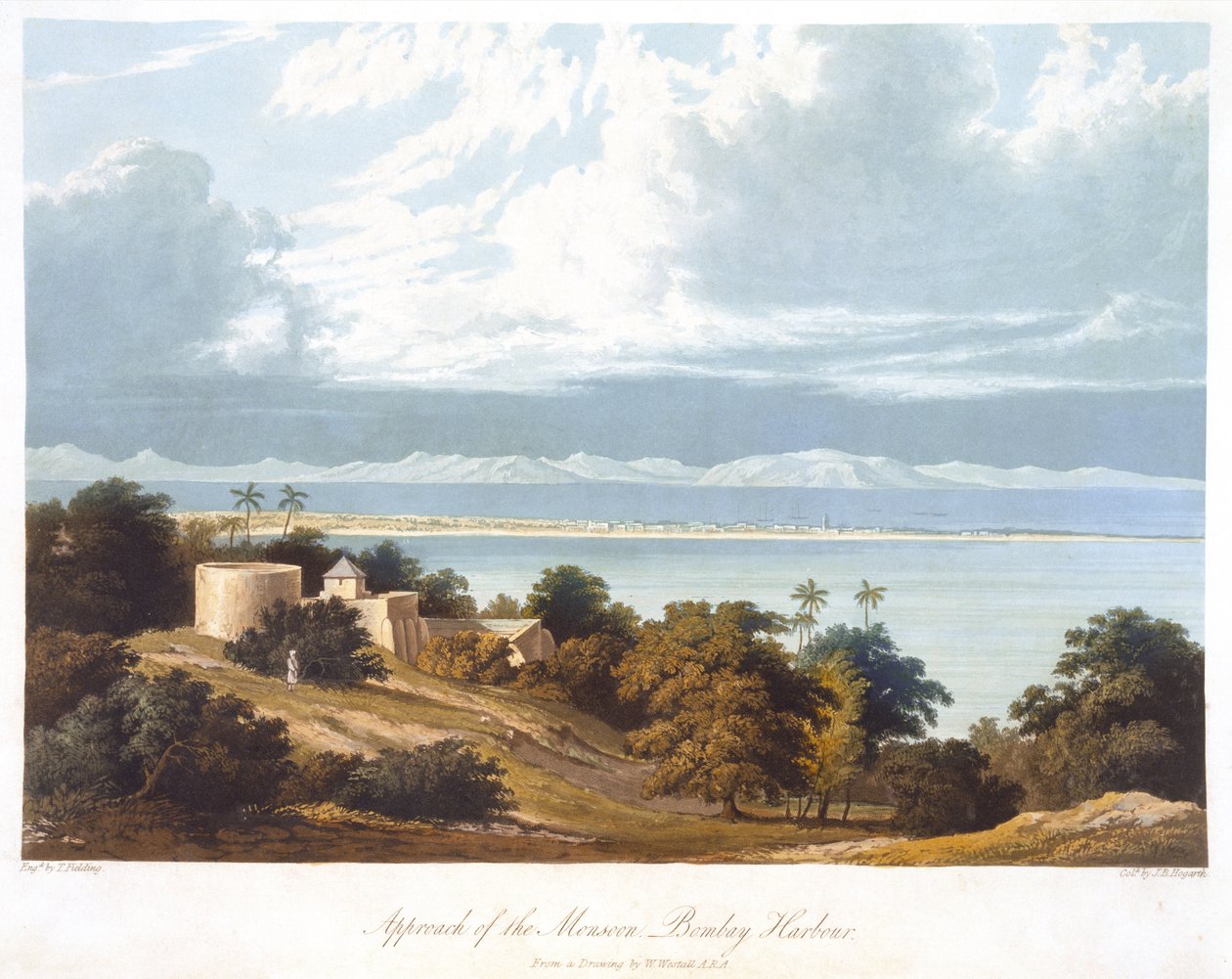 Annäherung des Monsuns, Bombay Hafen, nach einer Zeichnung von William Westall (1781-1850) aus Scenery, Costumes and Architecture of India graviert von T. Fielding, koloriert von J.B. Hogarth, veröffentlicht 182 von Robert Melville after Grindlay