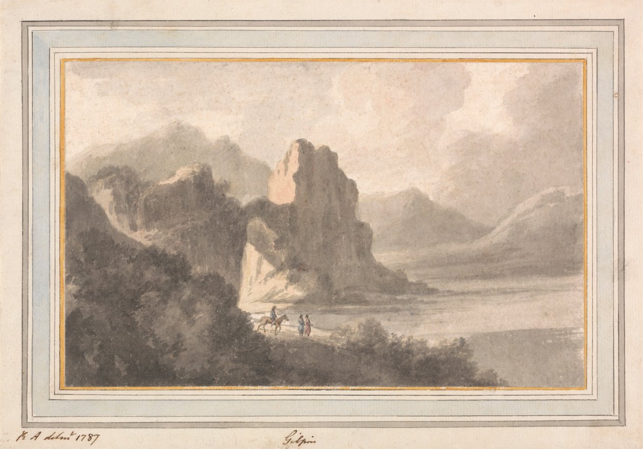 Figuren in einer felsigen romantischen Landschaft von Robert Adam