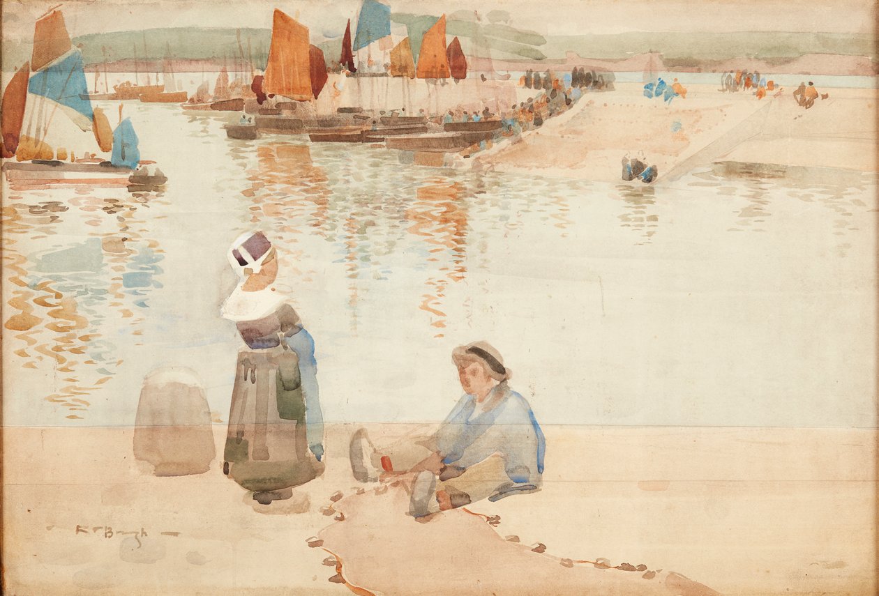 Figuren auf der Hafenmauer, Bretagne von Robert Brough