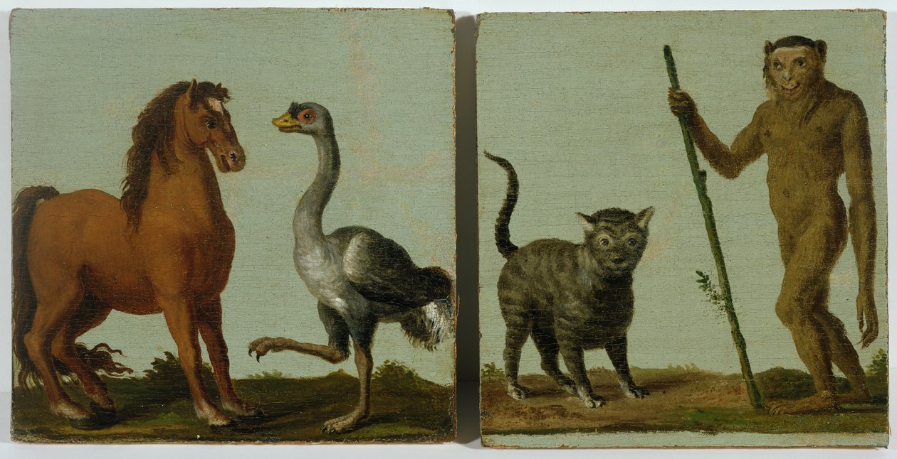 Ein Pferd, ein Strauß, eine Wildkatze und ein Wilder von Roelandt Jacobsz. Savery