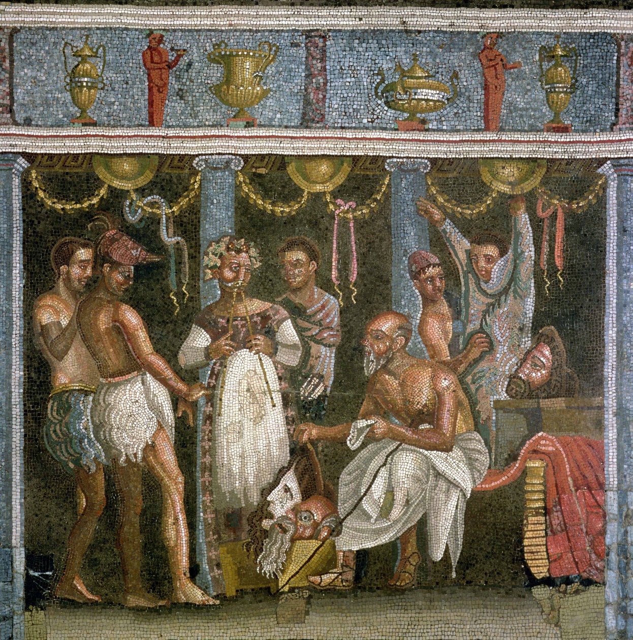 Schauspieler proben für ein Satyrspiel, ca. 62-79 n. Chr. (Mosaik) von Roman