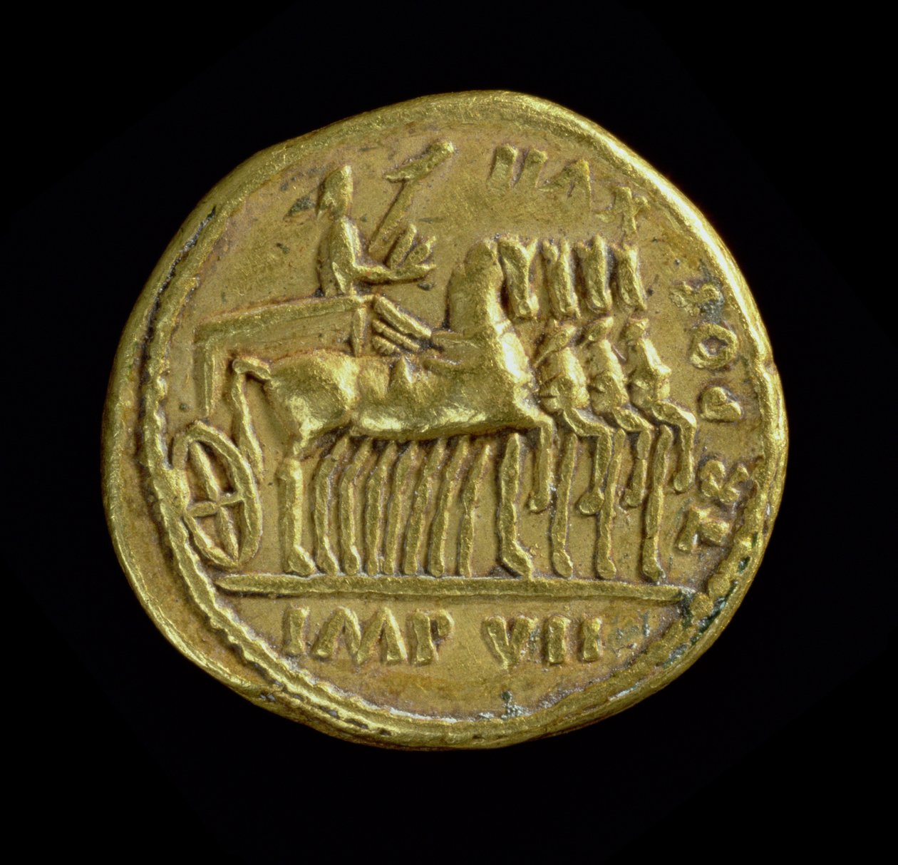 Aureus (Rückseite) von Tiberius (14-37 n. Chr.), den Kaiser in einem Viergespann rechts darstellend. Inschrift: TR POT XVII IMP VII von Roman