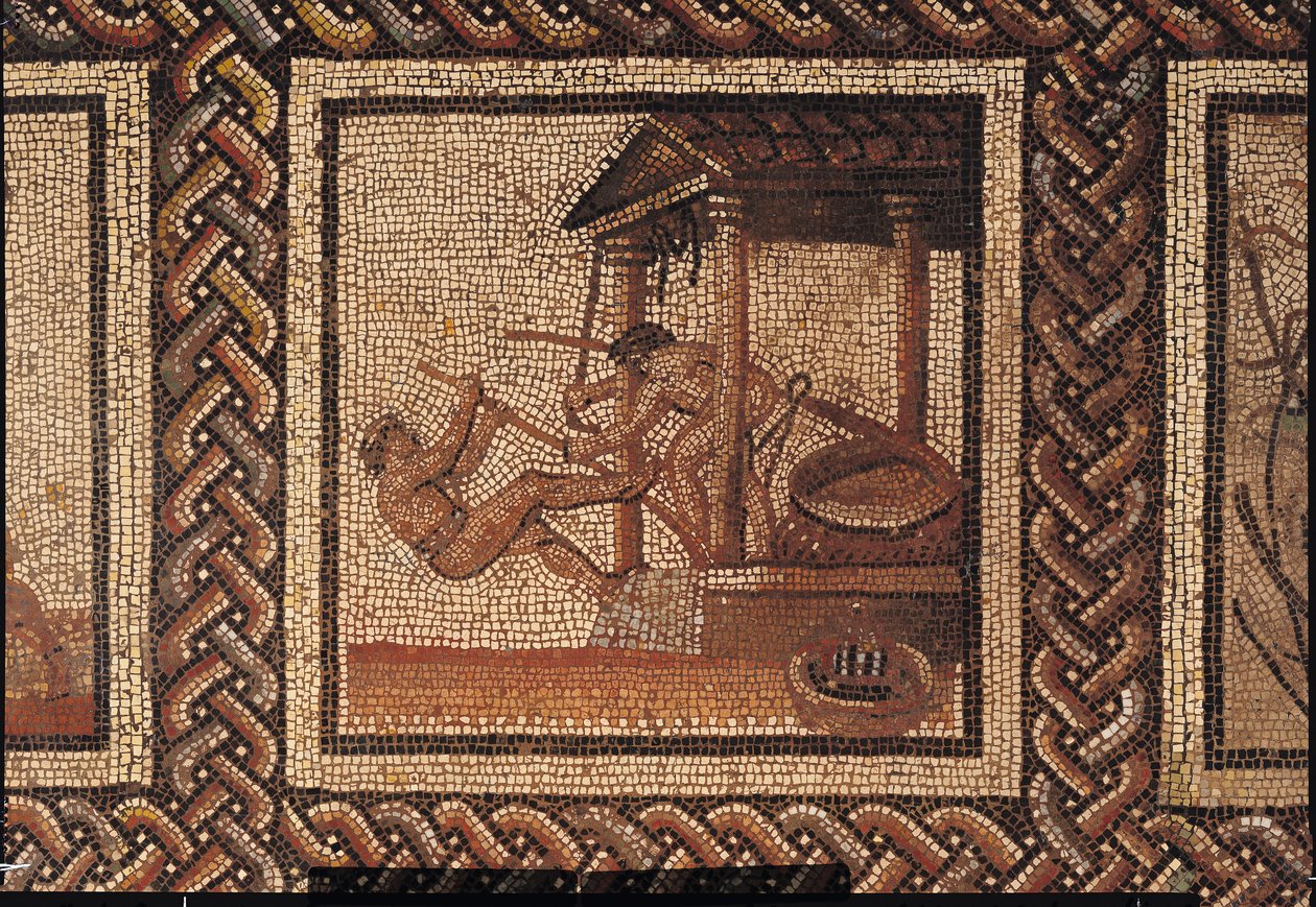 Olivenpressen (Mosaik), ursprünglich aus Saint-Romain-en-Gal von Roman