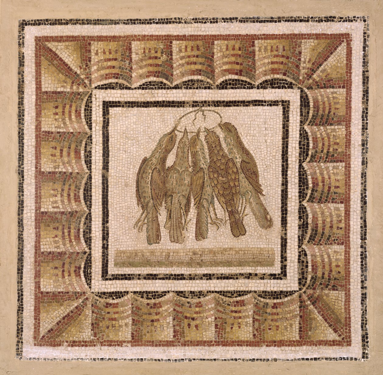 Pflaster, das fünf Drosseln darstellt, aus El-Jem (Thysdrus) von Roman