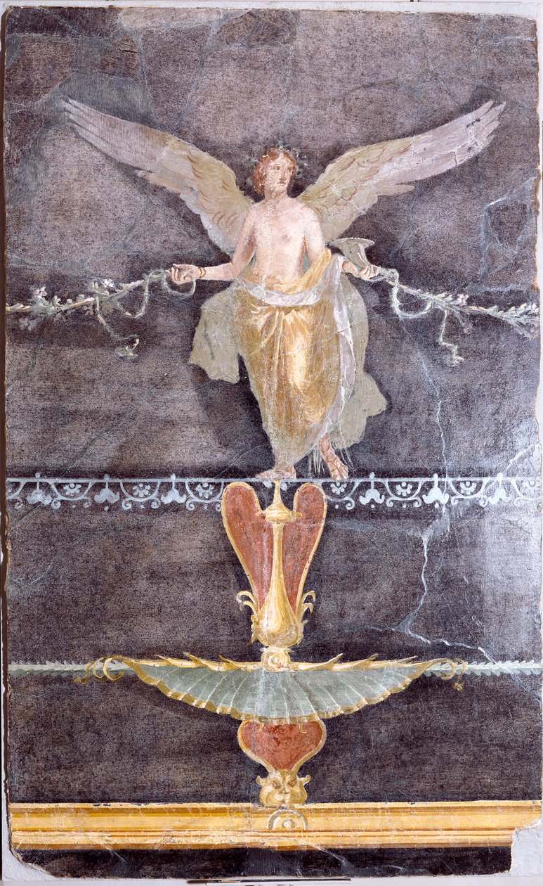 Wandfragment mit geflügelter Frau (Nike) auf schwarzem Grund, ca. 70 von Roman