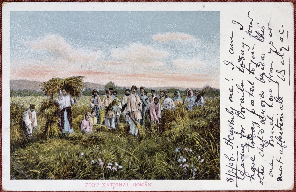 Postkarte, die rumänische Bauern bei der Ernte darstellt, 1906 von Romanian School