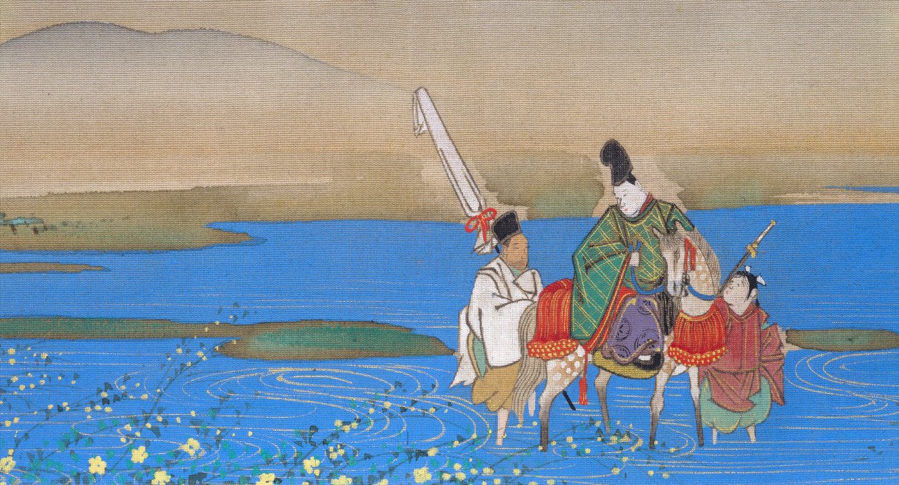 Männlicher Höfling zu Pferd überquert Fluss, ca. 1839 von Sakai Oho