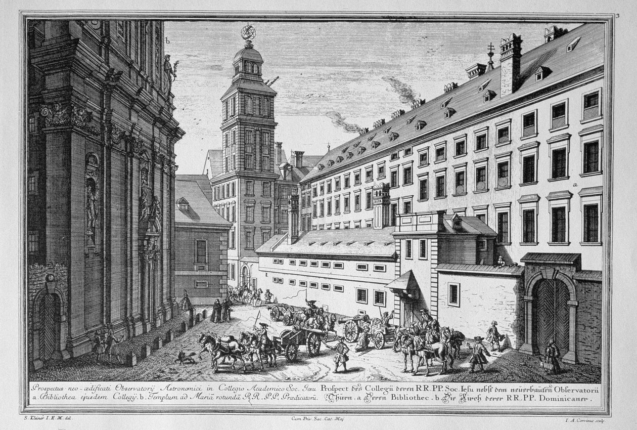 Ansicht des neuen Observatoriums im Jesuitenkolleg, Wien, zeigt auch die Bibliothek und die Kirche St. Maria Rotunda, gestochen von Johann-August Corvinus (1683-1738) von Salomon Kleiner