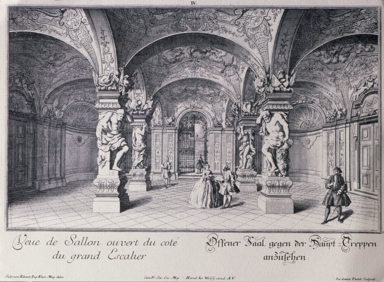 Die Halle (Sala Terrena) des Oberen Belvedere in Wien, begonnen 1721 von Johann Lukas von Hildebrandt, graviert von Thelot von Salomon after Kleiner