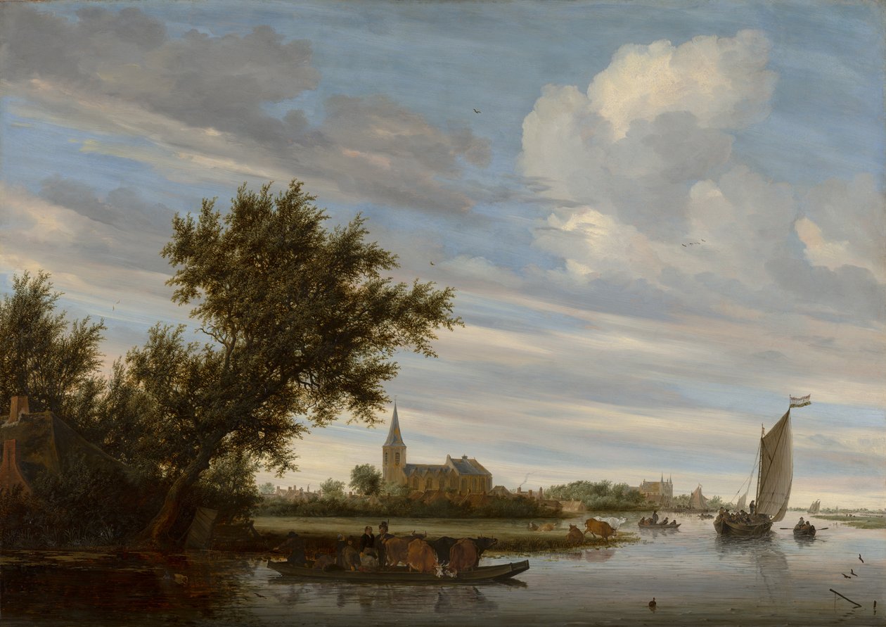 Flussansicht mit Kirche und Fähre von Salomon van Ruisdael or Ruysdael