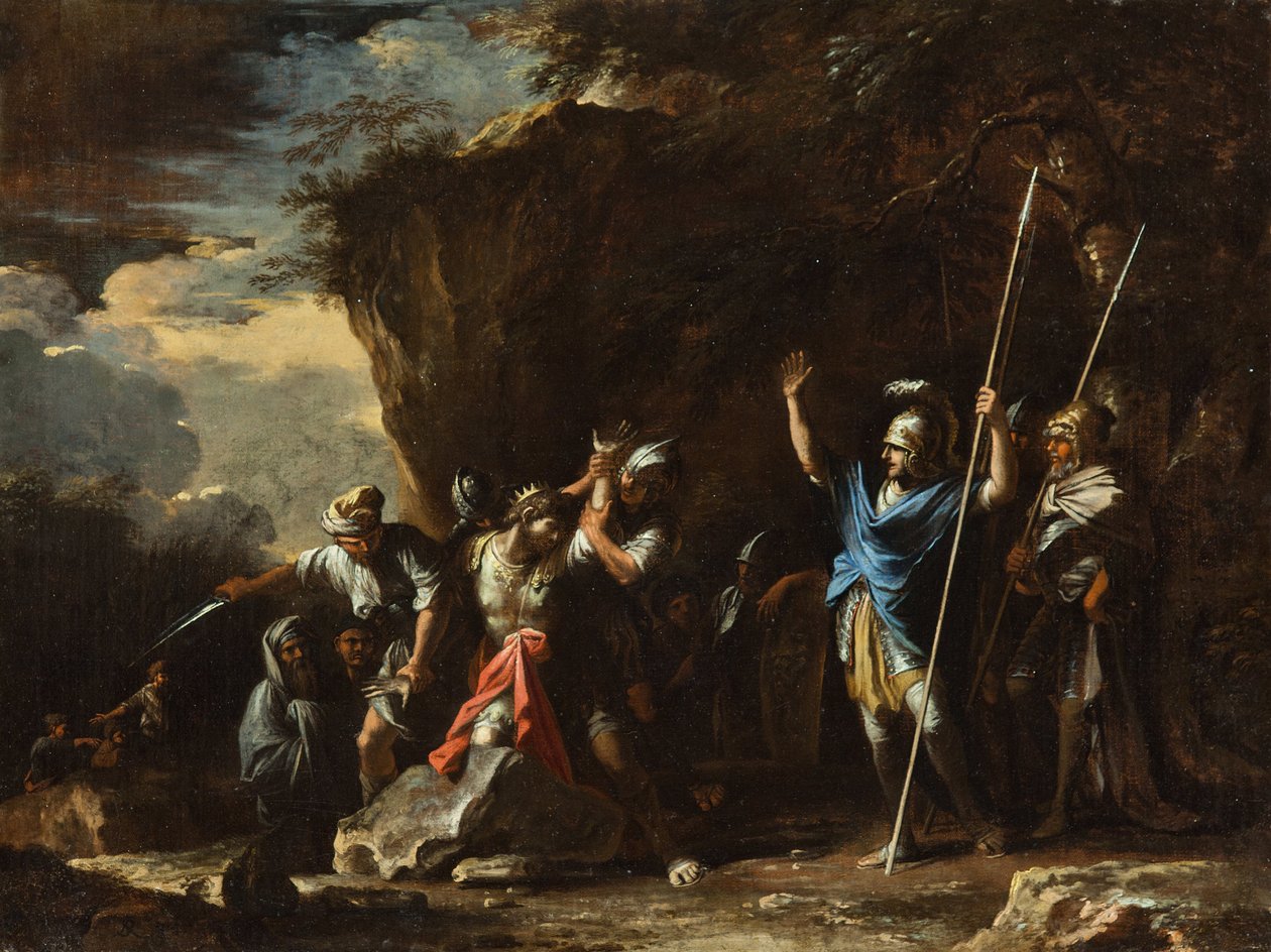 Szene aus der griechischen Geschichte - Der taubstumme Sohn von König Krösus verhindert, dass die Perser seinen Vater töten von Salvator Rosa
