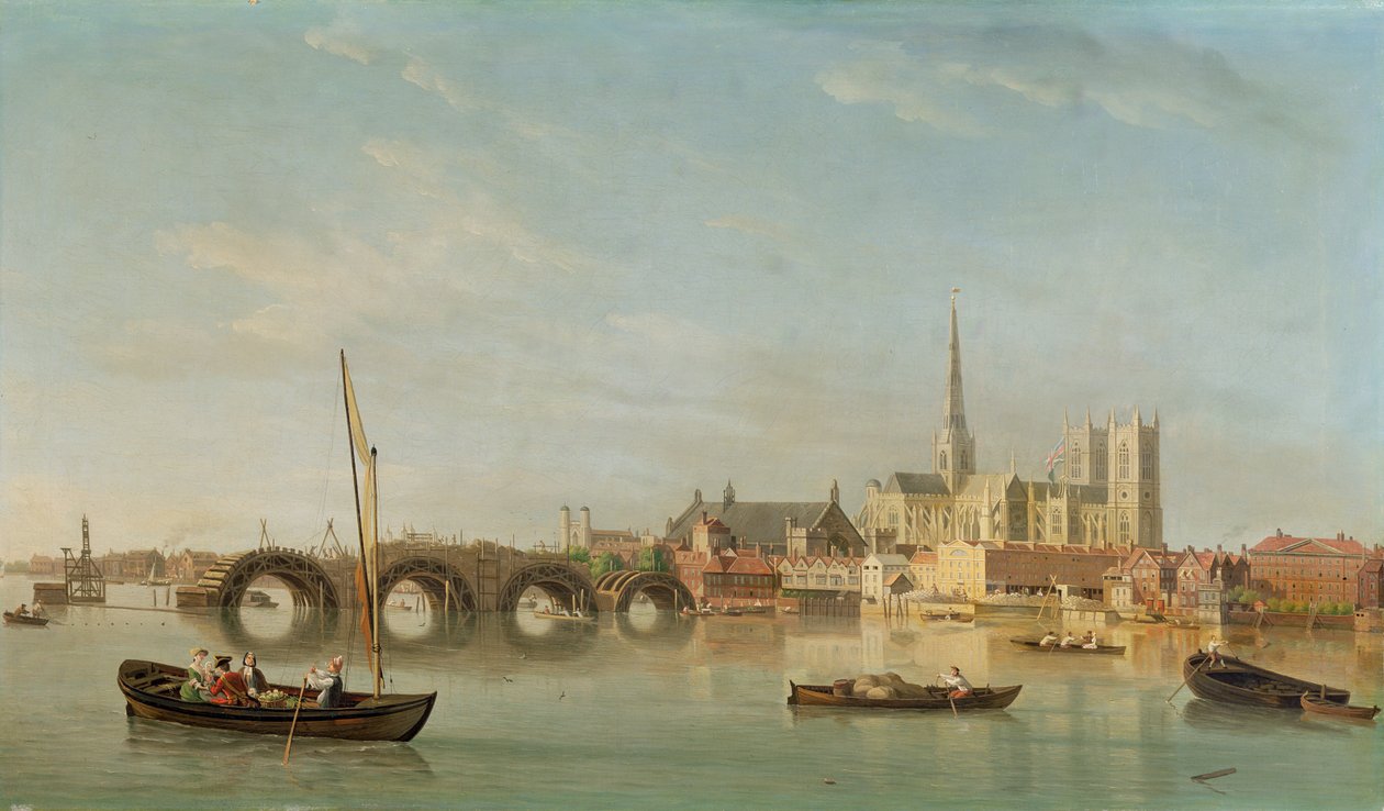 Der Bau der Westminster Bridge mit einer imaginären Ansicht der Westminster Abbey, ca. 1742 von Samuel Scott