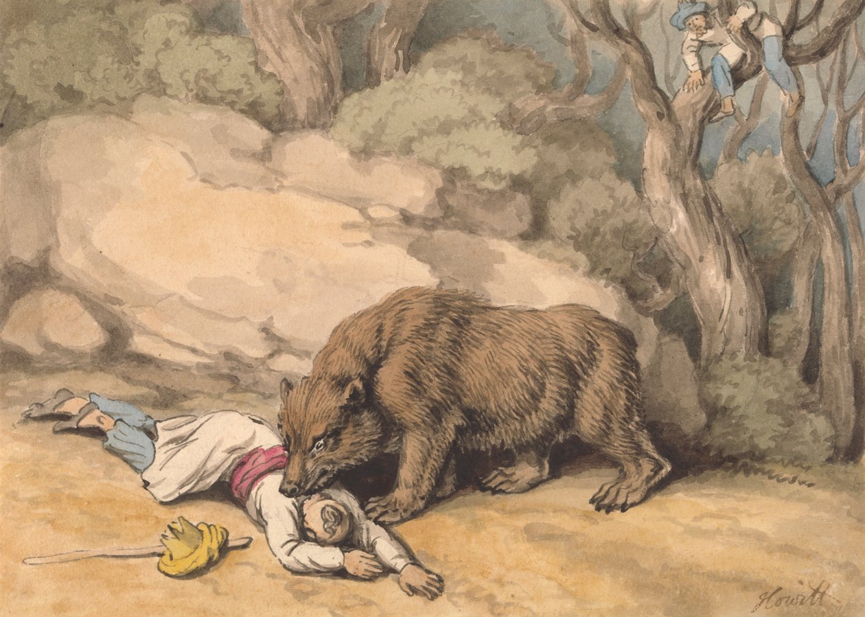 Ein Bär greift einen gefallenen Indianer an von Samuel Howitt