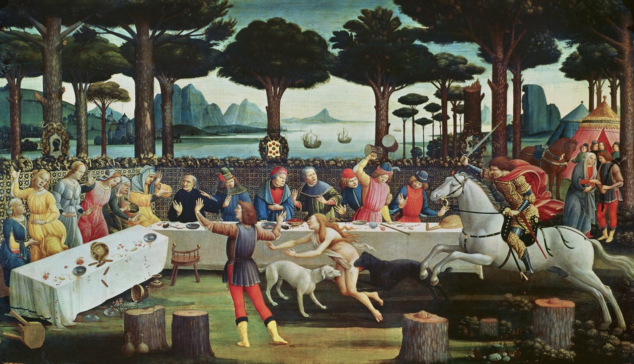 Das Bankett im Pinienwald: Szene III der Geschichte von Nastagio degli Onesti, ca. 1483 von Sandro Botticelli