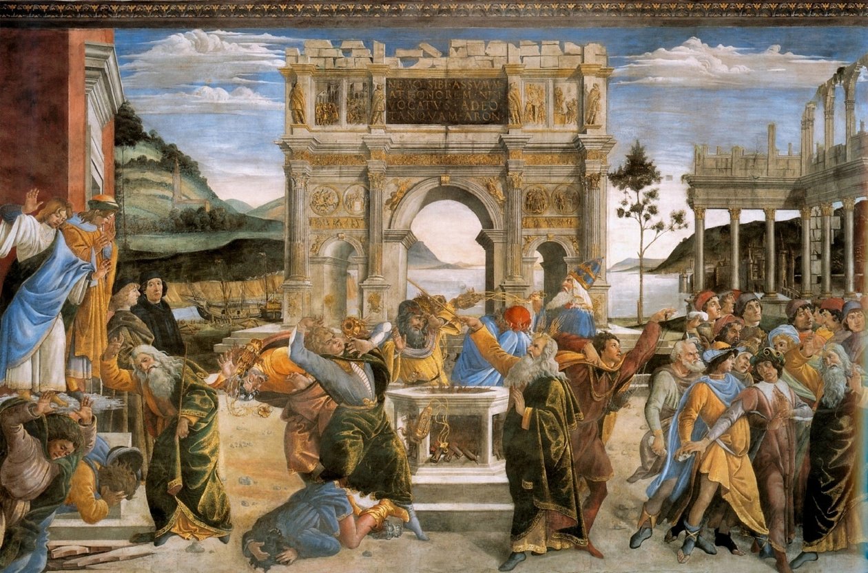 Die Bestrafung von Korah und die Steinigung von Moses und Aaron von Sandro Botticelli