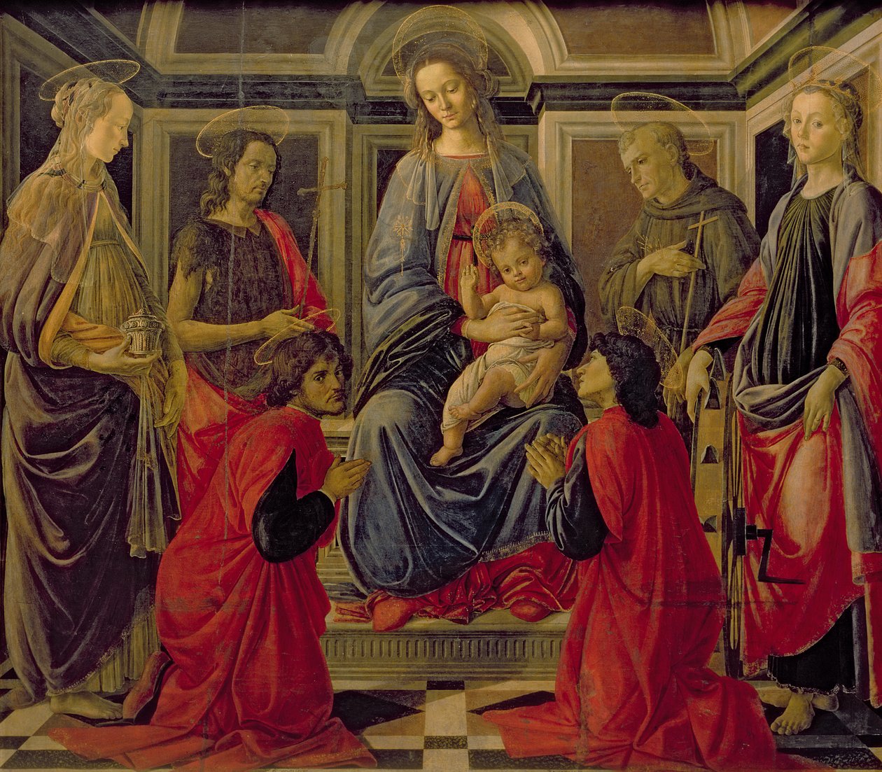 Jungfrau und Kind mit den Heiligen Maria Magdalena, Johannes der Täufer, Cosmo, Damian, Franziskus und Katharina, ca. 1470-72 von Sandro Botticelli